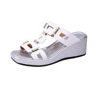Women's Platform Wedge Sandals | Open Toe Double Strap Shiny Detail Open Back Textured Thick Sole Visible Casual Chic Line | Spring Summer City Leisure, 01 White, 9.5 UK