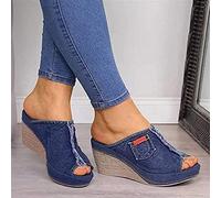 Women's Platform Wedge Sandals, Summer Open Toe Casual Fish Mouth Sandals, Denim Slip on Slides Slippers Cowboy Style Espadrilles Heels Shoes (Blanco : A, Size : 38)