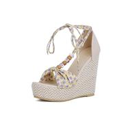 Women's Platform Wedge Sandals with Floral Print High Heels Fish Mouth Heel with Bow Beaded Ankle Straps Two-tone Linen One-piece Platform Wedge Heel with 13cm High Heel