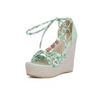 Women's Platform Wedge Sandals with Floral Print High Heels Fish Mouth Heel with Bow Beaded Ankle Straps Two-tone Linen One-piece Platform Wedge Heel with 13cm High Heel