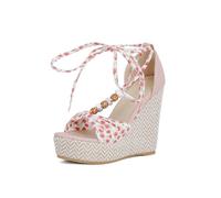 Women's Platform Wedge Sandals with Floral Print High Heels Fish Mouth Heel with Bow Beaded Ankle Straps Two-tone Linen One-piece Platform Wedge Heel with 13cm High Heel
