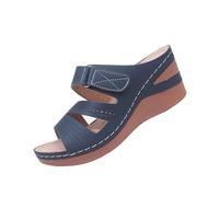 Womens Platform Wedge Slide Sandals Casual Summer Open Toe Mules Adjustable Strap Walking Shoes Perforated Holiday Footwear Blue