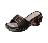 Women's Platform Wedge Slide Sandals Square Buckle Open Toe Mules Ladies Casual Slip On Geometric Pattern Summer Holiday Shoes Black