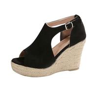 Womens Platform Wedges Orthopedic Wedge Sandals Thick Heeled Fish Mouth Buckled Espadrilles Tan Wedge Sandal Womens Walking Sandals Size 6 (Black,6.5)