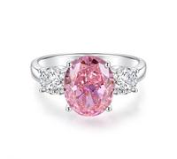 Women's Platinum Wedding Bands, Promise Ring with 9X11mm Oval Shape Lab Created Pink Sapphire and Moissanite PT950 Silver Band Ring Size K 1/2