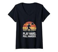 Women's Play Hard Pull Harder Rugby Football Sports V-Neck T-Shirt