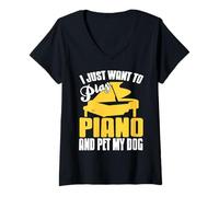 Womens Play Piano and Pet My Dog Music Pet Lover Fun V-Neck T-Shirt