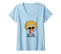 Women's Play that Fungi Music Funny Mushroom Pun V-Neck T-Shirt