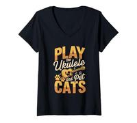 Womens Play The Ukulele and Pet Cats Cute Music V-Neck T-Shirt