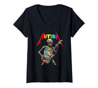 Women's Player Rock Music Autism Awareness Alien Skeleton Guitar V-Neck T-Shirt