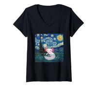 Women's Playful Axolotl Kawaii Van Gogh Style Starry Night Inspired V-Neck T-Shirt