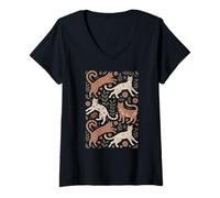 Womens Playful Cats and Leaves Whimsical Floral Boho Cat V-Neck T-Shirt