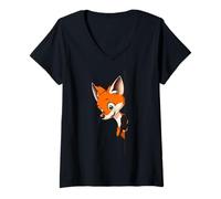 Womens Playful Fox Cartoon Peeking Illustration V-Neck T-Shirt
