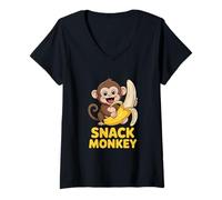 Womens Playful Jungle Banana Snack Monkey Cute Cartoon V-Neck T-Shirt