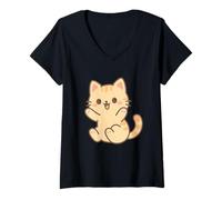 Womens Playful Kawaii Cat Drawing. Cartoon Pet Art. V-Neck T-Shirt