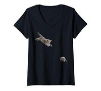 Women's Playful Kitten Leaping for Yarn Ball Funny Cat V-Neck T-Shirt