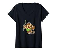 Womens Playful Monkey Rugby Swing Cartoon V-Neck T-Shirt