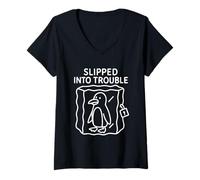 Womens Playful Penguin Humor Pun Slipped Into Trouble V-Neck T-Shirt