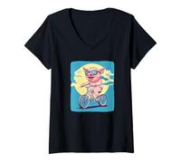 Womens Playful Pig on a Bicycle for a Joyful Journey V-Neck T-Shirt