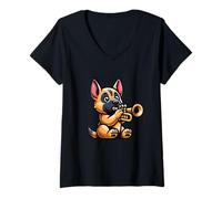 Womens Playful Trumpet Malinois Joyful Melody V-Neck T-Shirt
