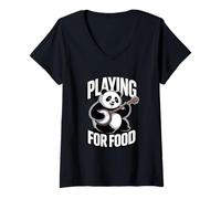 Women's Playing for Food Guitar Musician Panda V-Neck T-Shirt