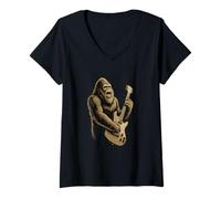 Womens Playing Guitar Rock Music Sasquatch V-Neck T-Shirt