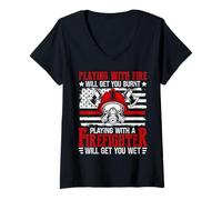 Women's Playing with Fire Will Get You Burnt Rescue Firefighter V-Neck T-Shirt