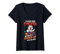 Womens Playing Yarn Chicken Funny Knitting Crochet Yarn V-Neck T-Shirt