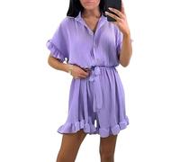 Womens Playsuit Smock Frill Short Sleeve Belted Pleated Collared Gold Button Shirt, Ladies Oversized Italian Plain Summer Cycling Shorts Two Piece Co Ord Jumpsuit Set UK One Size 8-18, Lilac