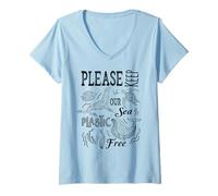 Women's Please Keep Our Sea Plastic Free Seal Whale Sea Turtle V-Neck T-Shirt