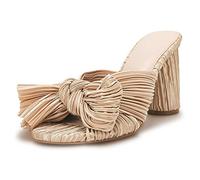 Women's Pleated Bow Knot Heeled Sandals Comfortable Slip On Open Toe Block Chunky Heel Slides Bridal Wedding Dress Shoes, Gold, 4 UK