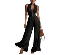 Women's Pleated Chiffon Jumpsuit, V-Neck/High Neck Sleeveless Zip-Up High Waist Wide-Leg One Piece, Summer Boho Romper