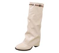 Womens Pleated High Heel Boots with Rhinestones Chunky Heel Plus Size British Style High Top Cuffed Leg Boots(White, 4.5)