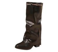 Womens Pleated High Heel Boots with Rhinestones Chunky Heel Plus Size British Style High Top Cuffed Leg Boots(Black, 4)