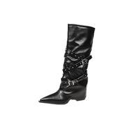 Women's Pleated Knee High Boots Solid Color Metal Buckle Pointed Toe PU Leather Fold Over Thick Heel Low Heel Fashionable Casual Winter Style Long Shoes Ladies Mid Wide Calf Riding Boots