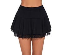 Women's Pleated Mini Skirt A-Shaped Flared Outline Lace Ruffles Elastic Waistband Short Skirt (Bc Black, S)