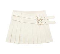 Womens Pleated Mini Skirt Heart Shape Buckle High Waist Cute Short Skirt A-line Skater Skirt with Belt (UK, Alpha, S, Regular, Regular, Beige)