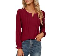 Women's Pleated V-Neck Blouse Long Puff Sleeve Ruffled Cuff Casual Top Textured Relaxed Fit Tunic 3/4 Bell Sleeve Chiffon-Like Shirt Dressy Work Blouse Layered Tops Ladies Blouses Wine