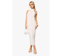 Womens Plisse Halterneck Midi Dress - Beige - 10, Beige