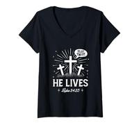 Women's Plot Twist He Lives Luke 24 23 Cross Christian Easter Day V-Neck T-Shirt