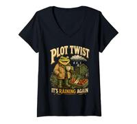 Women's Plot Twist It’s Raining Again Gardener Frog V-Neck T-Shirt
