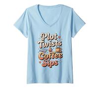 Womens Plot Twists & Coffee Sips - Cozy Bookish Coffee V-Neck T-Shirt