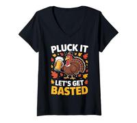 Womens Pluck It Let's Get Basted Turkey Lovers Funny Thanksgiving V-Neck T-Shirt