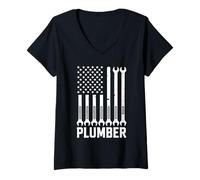 Womens Plumber American Flag Plumbing 4th Of july Pipe Wrench V-Neck T-Shirt