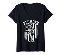 Womens Plumber American Flag Plumbing 4th Of july Pipe Wrench V-Neck T-Shirt