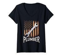 Womens Plumber American Flag Plumbing Pipefitter 4th Of july V-Neck T-Shirt