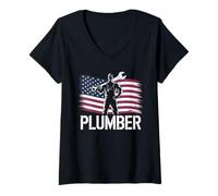 Womens Plumber American Flag Plumbing Pipefitter 4th Of july V-Neck T-Shirt