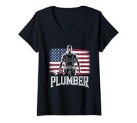 Womens Plumber American Flag Plumbing Pipefitter 4th Of july V-Neck T-Shirt