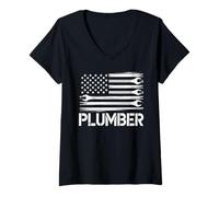 Womens Plumber Dad American Flag Plumbing 4th Of july for Men V-Neck T-Shirt