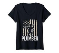 Womens Plumber Dad American Flag Plumbing 4th Of july for Men V-Neck T-Shirt
